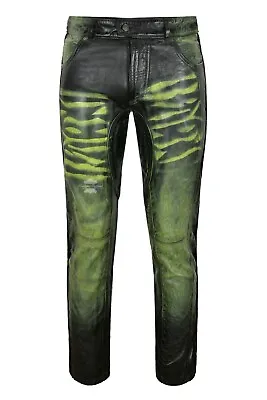 HIPSTER Men's Leather Pants Green Waxed Real Leather Vintage Biker Trousers 4669 • £129.73