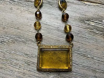 Vtg Czech Citrine Amber Color Etched Glass Brass Open Back Faceted Bead Necklace • $50