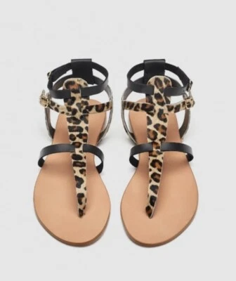 New ZARA Trafaluc Animal Print Leopard T-Strap Flat Sandals US 8-8.5 EUR 39 • $29.99