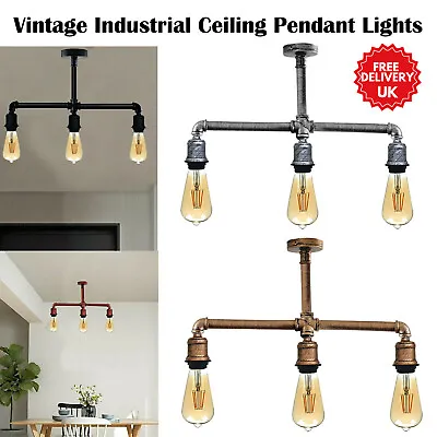 Industrial Vintage 3 Ceiling Lights Metal Steampunk Pipe Retro Pendant Lamps Uk • £48.88