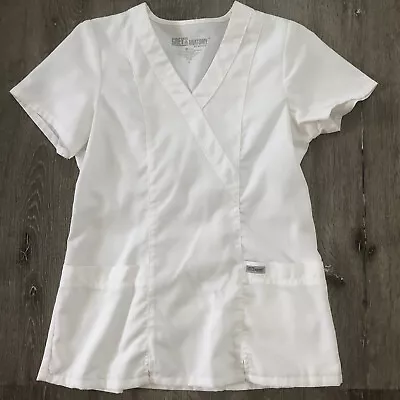 Grey's Anatomy Barco Women’s 2 Pocket Mock Wrap White Scrub Top Size S • $13.95