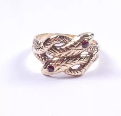 Double Snake Ring 9 Carat Yellow Gold Size Y Garnet Eyes • £300