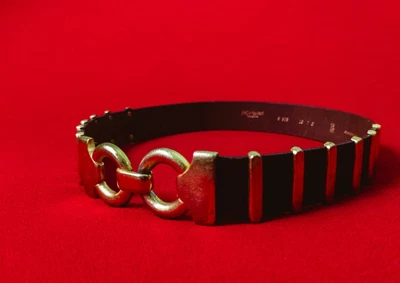 $120 • Buy YVES SAINT LAURENT Women Heavy Brown Leather Belt Gold Buckle Made In France