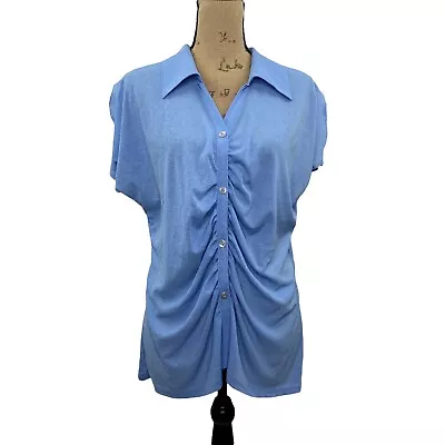 MKM Designs Women's Button Up Blouse Plus Size 1x Blue Front Ruching Slit Sleeve • $12.99