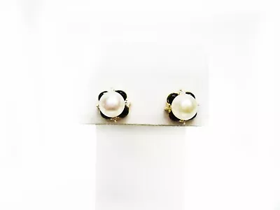 $30 • Buy 14K Yellow Gold Pearl Stud Earrings Diamond Black Onyx Accents