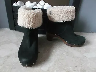£49.99 • Buy UGG® Lynnea Ladies Black Leather & Sheepskin Clog Ankle Boots Size EU 37 UK 4