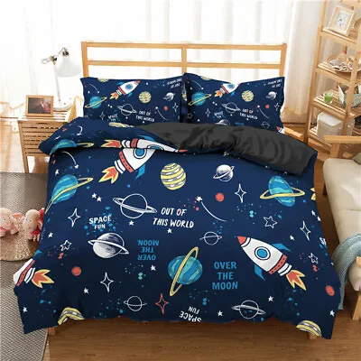 $45.64 • Buy Cartoon Space Rockets Ship Planet Duvet Cover Quilt Cover Pillowcase Bedding Set