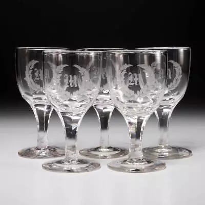 Blown Glass Facet Cut Stem  M  Monogram Etched Small Wine Glasses 5pc Set 4.5  • $70