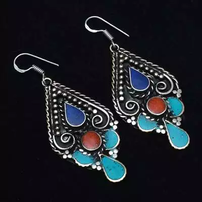 Tibetan Turquoise Coral Handmade Drop Dangle Earrings Jewelry 2.4  AE-15684 • $3.99