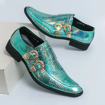 British Buckle Snakeskin Print Evening Party Dress Men Faux Patent Leather Shoes • £59.99