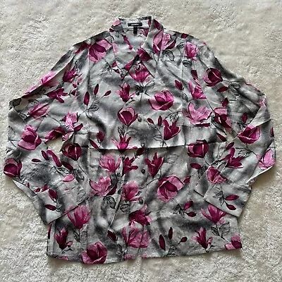 VTG ESCADA Size 44 GREY FLORAL 100% SILK LONG SLEEVE BUTTON UP BLOUSE TOP • $89.99