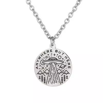 ANYWHERE BUT HERE NECKLACE 21  Chain Funny UFO Alien Abduction Pendant Stainless • $8.95