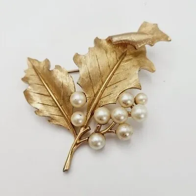 Vintage Crown Trifari Pearl Curled Leaf Branch Floral Brushed Gold Tone Brooch • $60