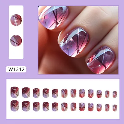 24pcs Fake Nails With Designs Press On Full Cover Love Heart Short False Nails • £3.11