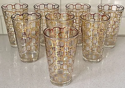 Set Of 8 ~ 1960's Hollywood Regency Gold Patterned Drinking Glasses MCM Tumbler • $49.98