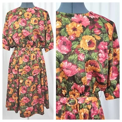 Vintage Red/Orange/Green/Brown Florals Secretary's Dress W Belt Size L/XL • $21.99