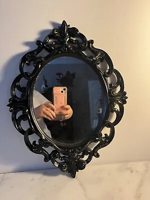 Gothic Black Ornate Cast Resin Oval Barocco Accent Mirror 13”x16” • $59