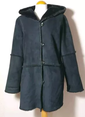 Julia S Roma Artificial Merino Fur Black Sheepskin Type Coat With Hood Size UK14 • £25