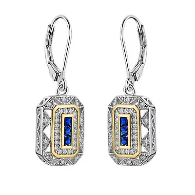 Art Deco Vintage Style Sapphire & Lab Created Diamond Drop Dangle Silver Earring • $73.85