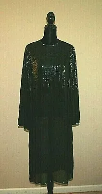 Vintage 80s Halston Suz Cocktail Dress Large 12 14 Black Silk Sequin Sheer Rare • $999.99