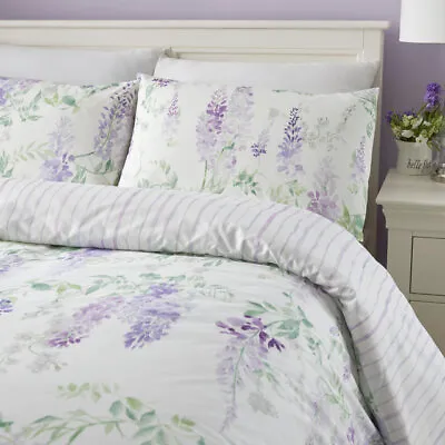 Wisteria Flowers Soft Floral Trail Stripe Bedding Curtains Matching Range • £36.99