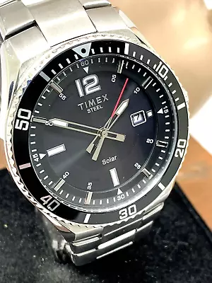 Timex Men's Watch TW2V53700 Solar Black Dial Date Silver Stainless Steel 43mm • $69.27