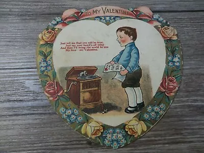 Antique Valentine Card Boy W/ Victrola Embossed Heavy Cardboard Pre 1920's    1H • $14.99