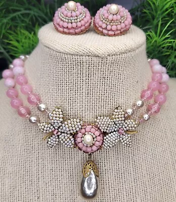 Vintage MIRIAM HASKELL Signed Necklace Earring Set Pink Art Glass Baroque Pearls • $303