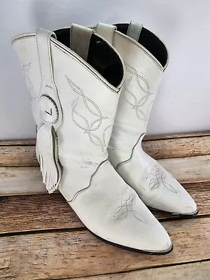 Oak Tree Farms Women 8 White Fringe Cowboy Leather Pointed Toe Mid Calf Boots • $37.43