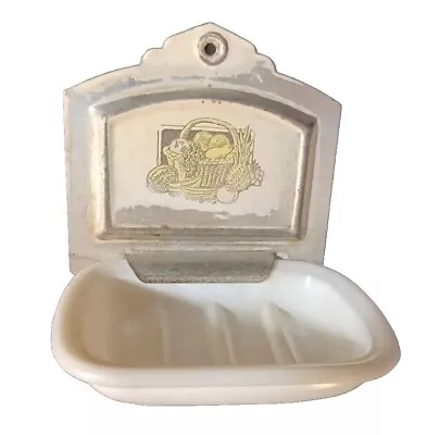 Vintage Antique Wall Mount Soap Dish  Holder Porcelain Silver Metal • $70