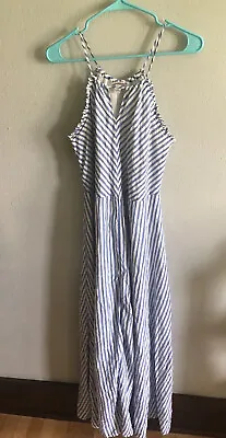 Merona Maxi Dress Size Large Blue And White Lined Slits Vacation Beach Cruise • $8.20