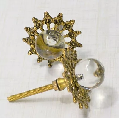2 Antique Glass Drawer Pull Handle Clear Smooth Cabinet Knob Brass Ornate Base • $19.99