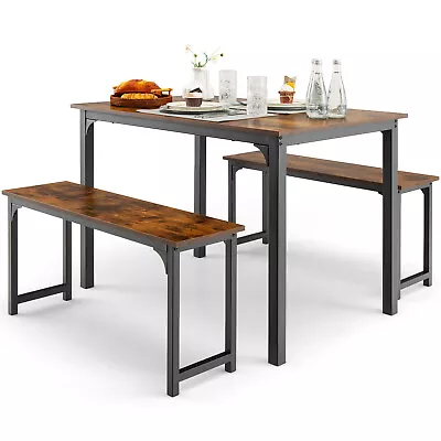 3 PCS Modern Dining Table Bench Set W/ Wooden Tabletop & Metal Frame Brown • $124.99