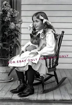 Vintage Photo Reprint Of Little Girl Holding Grey Kitten Cat Wearing Dress • $9.50