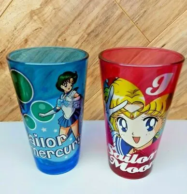 2 Sailor Moon & Sailor Mercury Blue & Red Drinking Glass Tumblers Animation 5.75 • $22