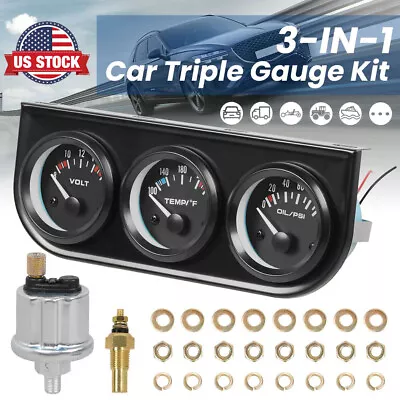 2  52mm Car Triple Gauge Kit 3-in-1 Water Temperature Oil Pressure Volt Meter • $22.99