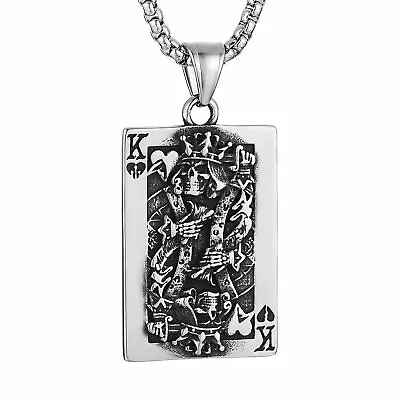 Mens Skull Lucky King Poker Card Pendant Stainless Steel Gothic Necklace Gift • $7.99