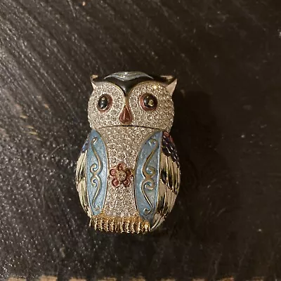 Vintage Metal  Enameled Bejeweled Owl Hinged Magnetic Trinket Box • $10.99