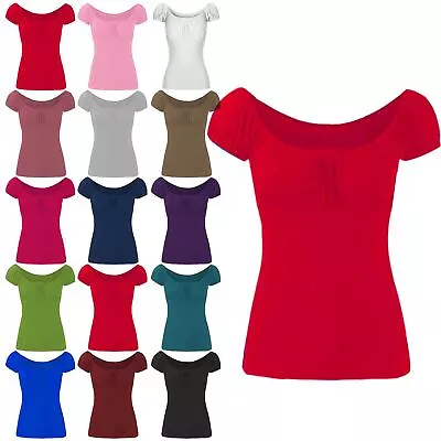 £3.49 • Buy Womens Ladies Off Shoulder Gypsy Tie Ribbon Bardot Ruched Tops Uk Plus Size 8-22