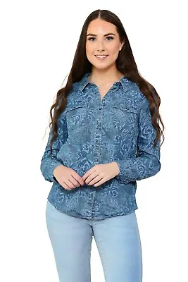 £11.99 • Buy Ladies Denim Summer Shirt Button Long Sleeve Floral Print Cotton Top Size 8 -20