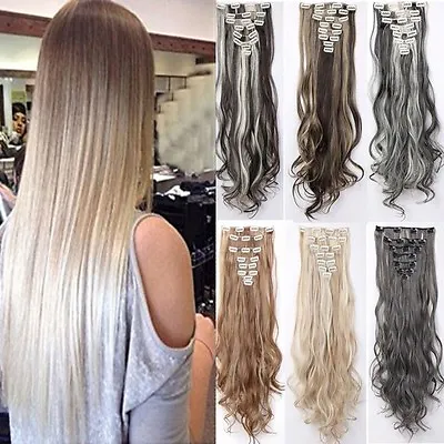 Real Natural Clip In Hair Extensions 8 Pieces Full Head Curly Long As Human Hair • $18.80