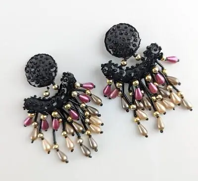 Vintage 1980s Carnival Costume Clip On Earrings Black Glitter Beaded Dangle Drop • $49