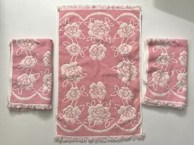 3 Vintage Martex Floral Hand Towels - Cotton - Pink/ White Reversible - Fringe • $22