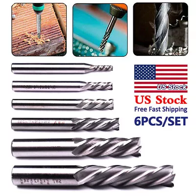 6PCS HSS CNC 4 Flute Spiral Bit End Mill Cutter 1/8 3/16 1/4 5/16 5/8 1/2  Shank • $17.99