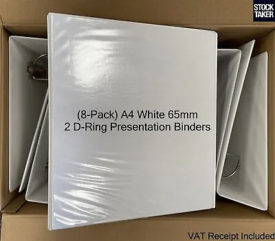(8-Pack) A4 White 65mm Presentation 2 D-Ring Binders Files Pocket Front & Spine • £19.95