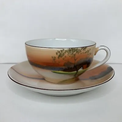 Noritake M  Hand Painted Tea Cup & Saucer Sunset Farm Vintage • $175