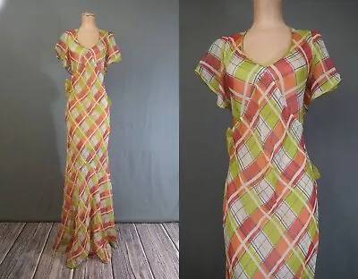 Vintage 1930s Evening Gown Orange & Green Plaid Chiffon With Silk Bow 34 Bust • $75