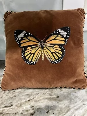 Vintage Throw Pillow Embroidered Monarch Brown Velvet Zipper • $22