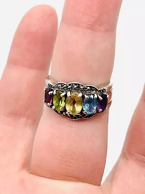 Vtg 925 Sterling Silver Blue Red Purple Yellow Birthstone Marcasite Ring Sz 8 • $34