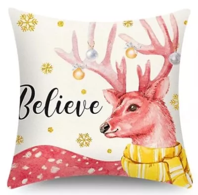 Believe REINDEER Vintage Christmas Linen Throw Pillow Cover Holiday Home Decor • $15.95